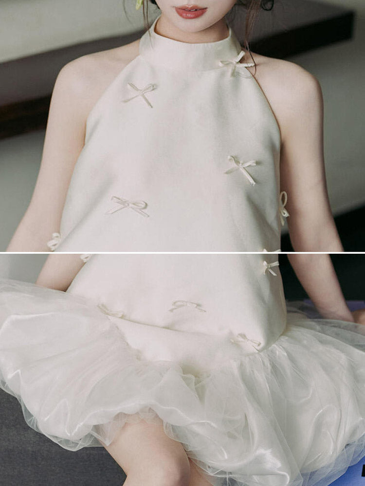White Halter-Neck Satin Bow Detail Mini Dress — view 6