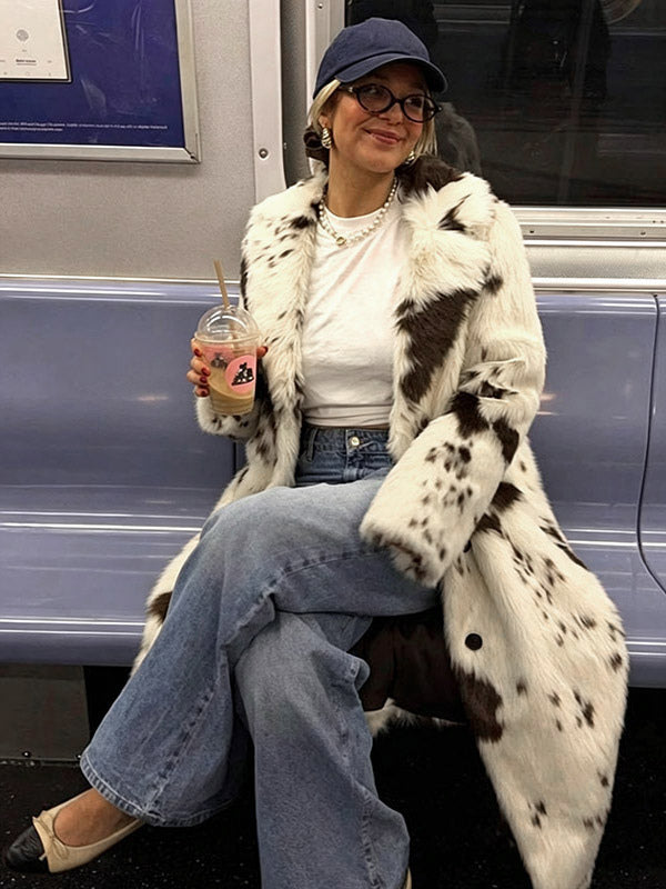 Ivory Long-Sleeve Relaxed Faux Fur Coat — view 3