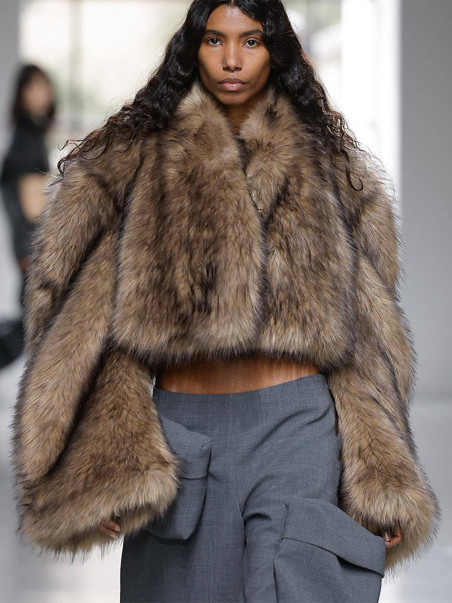 Brown Long-Sleeve Cropped Faux Fur Coat — view 1