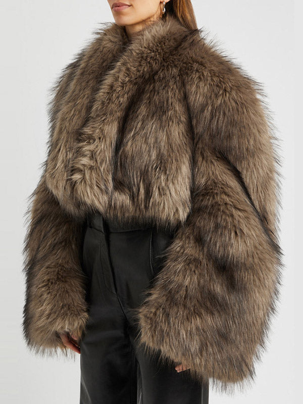 Brown Long-Sleeve Cropped Faux Fur Coat — view 2