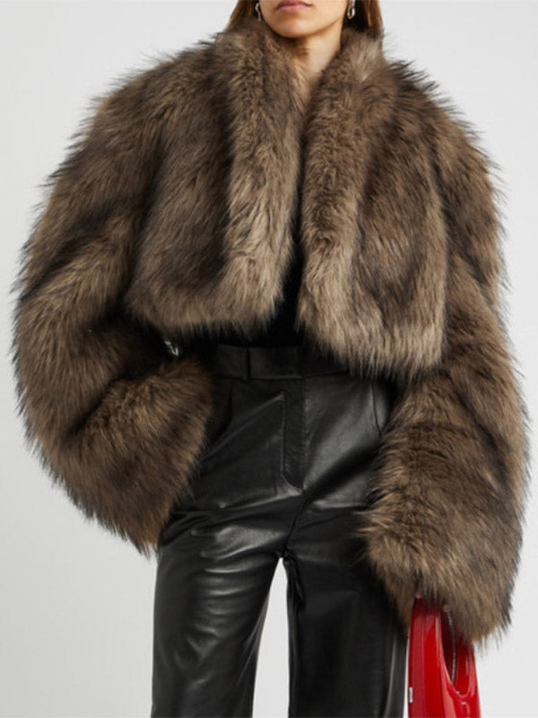 Brown Long-Sleeve Cropped Faux Fur Coat — view 3