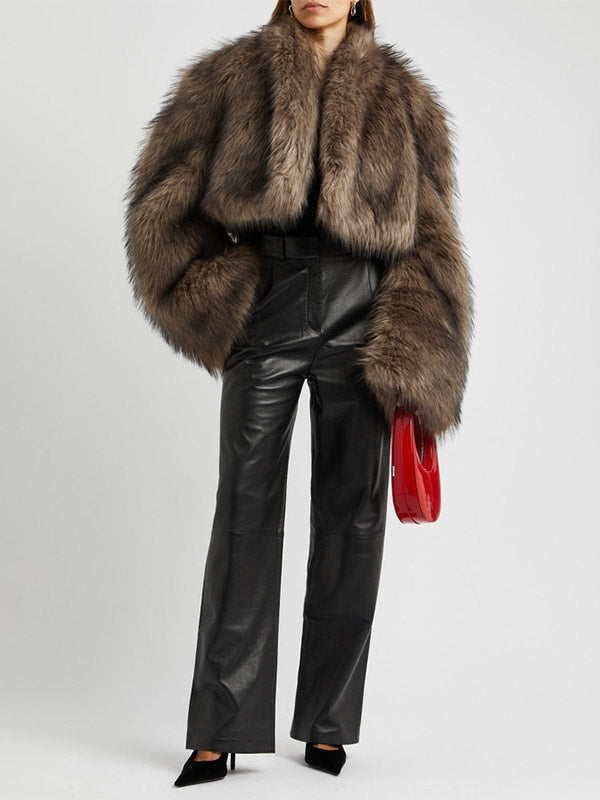 Brown Long-Sleeve Cropped Faux Fur Coat — view 4