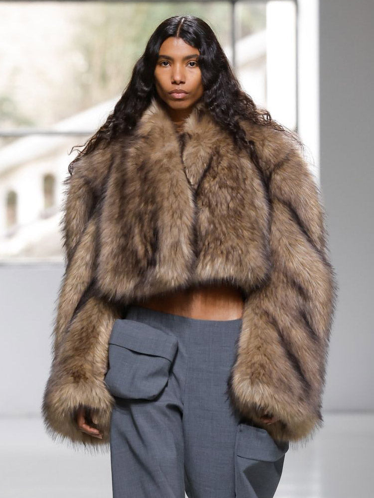 Brown Long-Sleeve Cropped Faux Fur Coat — view 5