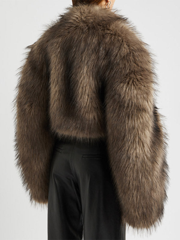 Brown Long-Sleeve Cropped Faux Fur Coat — view 6