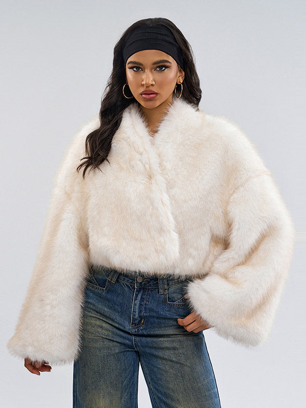 brown long sleeve cropped faux fur coat — view 7