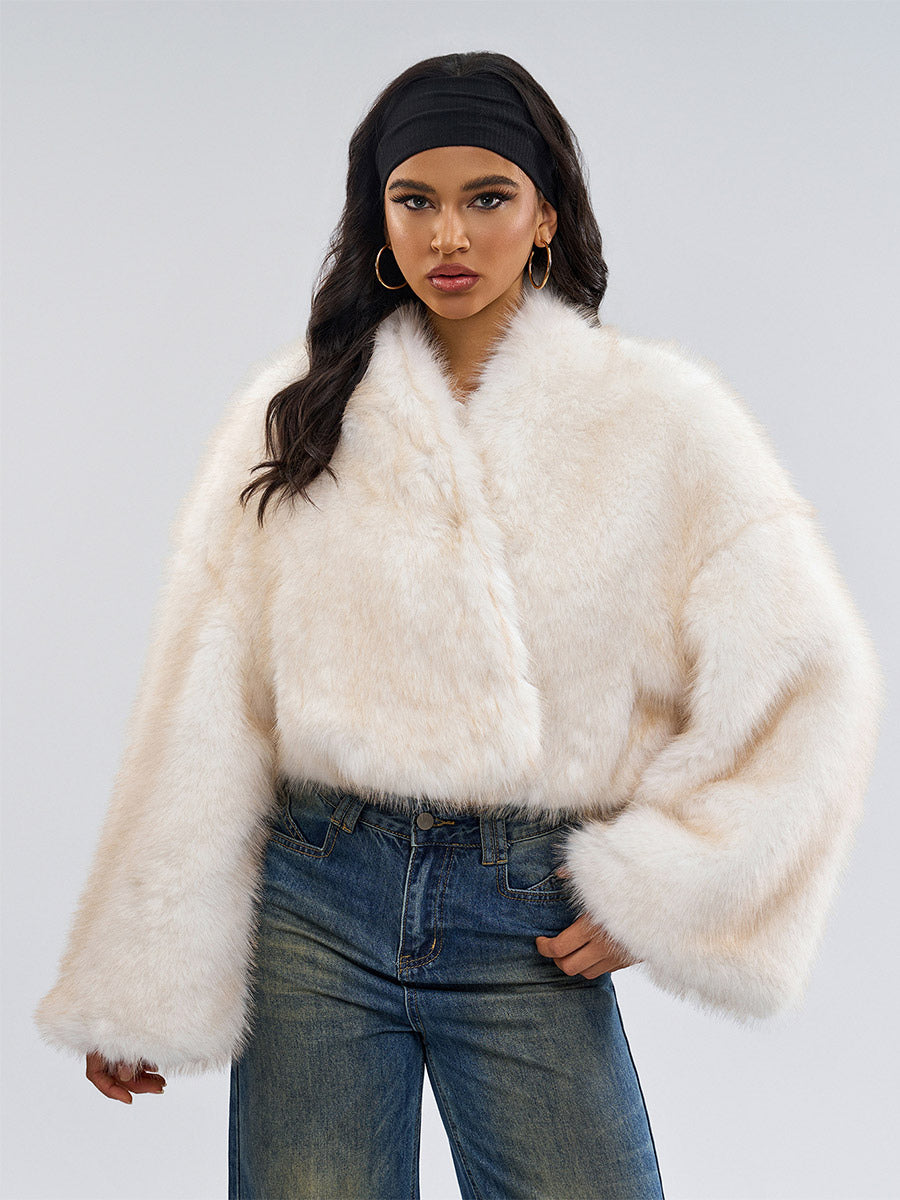 brown long sleeve cropped faux fur coat — view 8