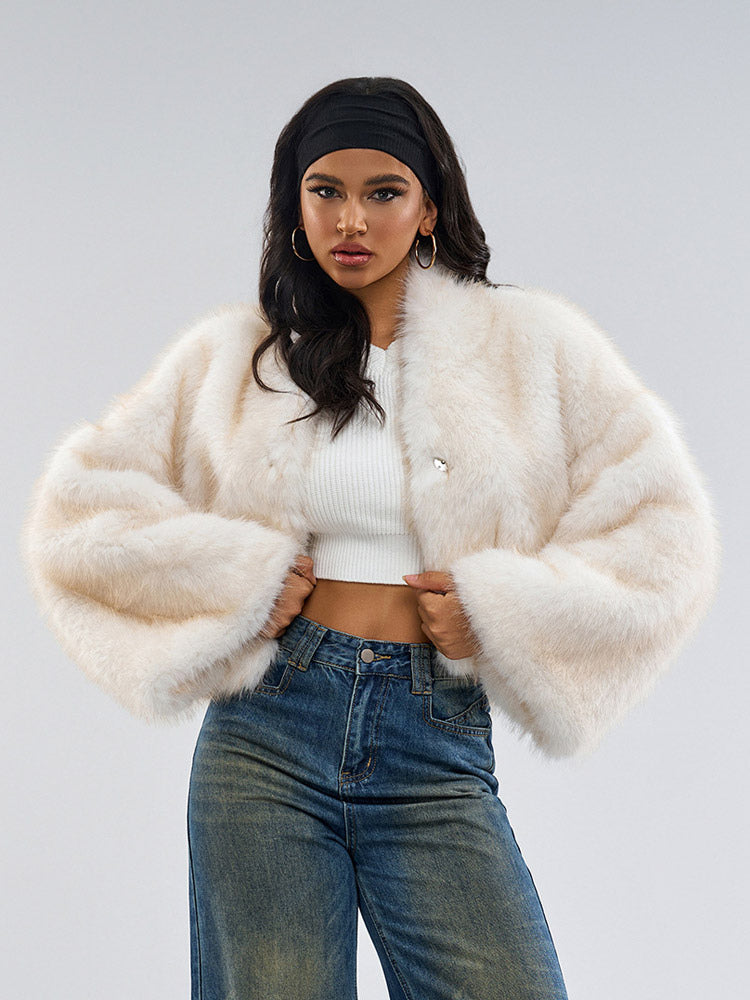 Brown Long-Sleeve Cropped Faux Fur Coat — view 11