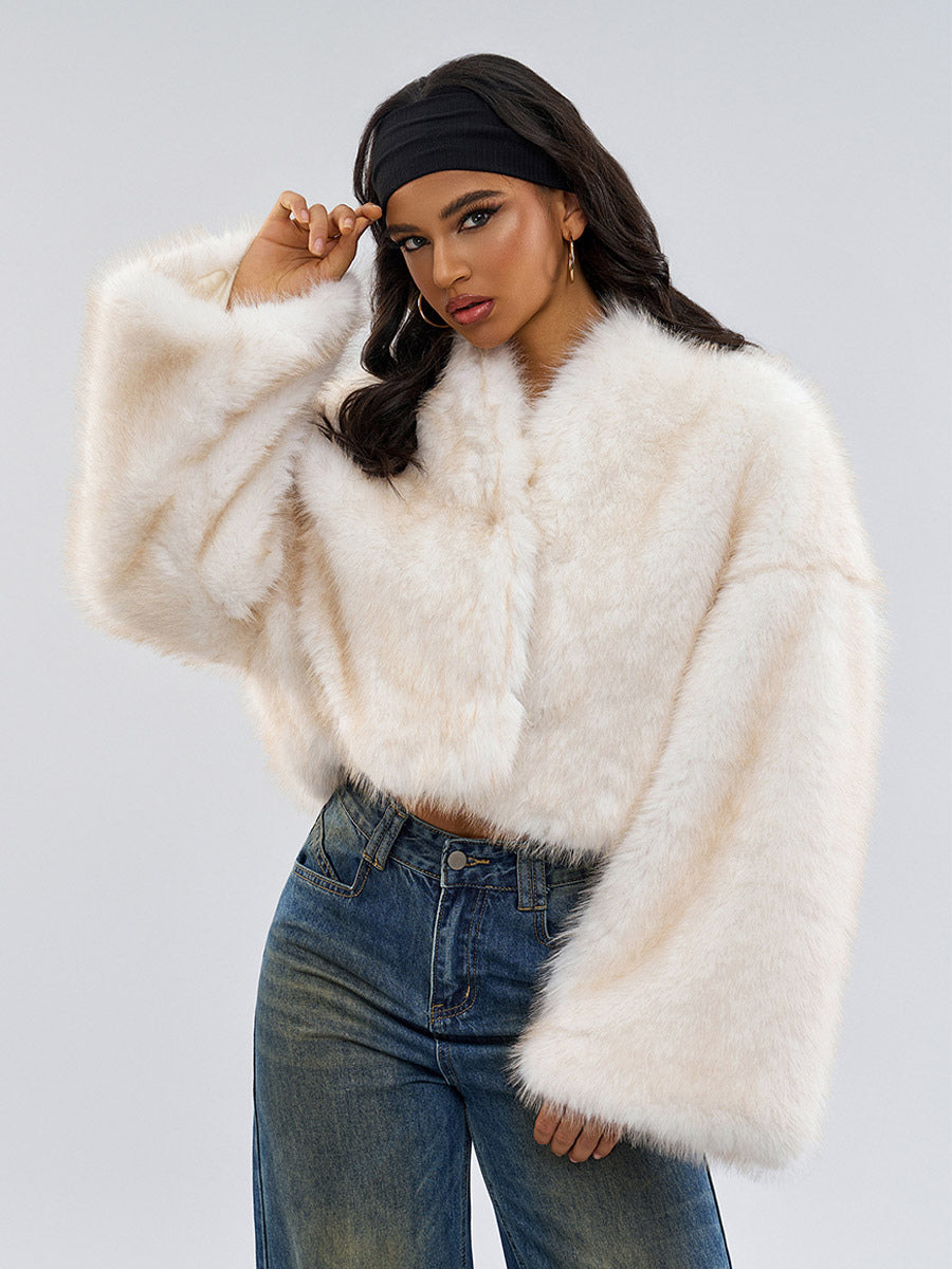Brown Long-Sleeve Cropped Faux Fur Coat — view 12