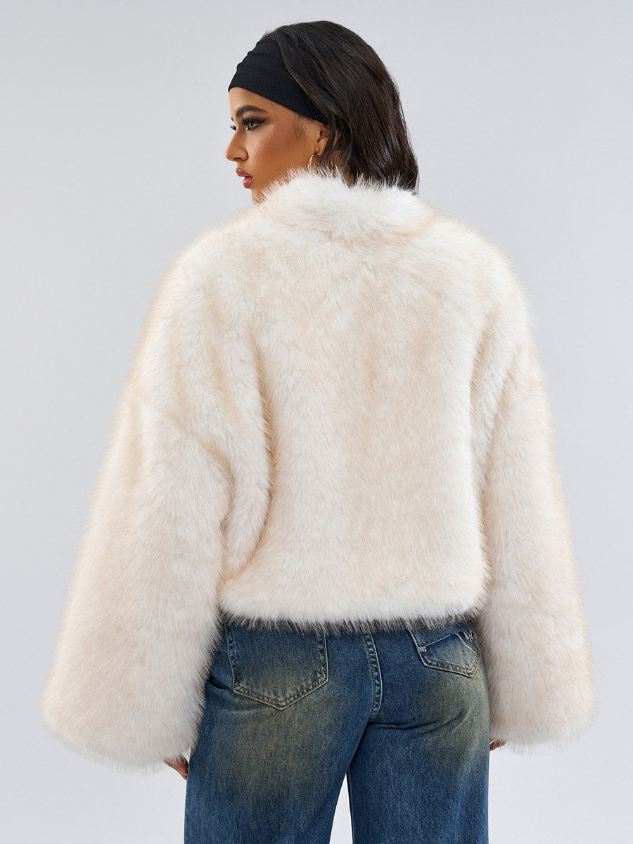 Brown Long-Sleeve Cropped Faux Fur Coat — view 13