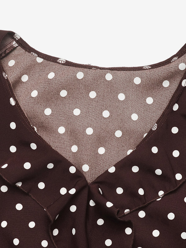 Brown Long-Sleeve V-Neck Ruffle Bodysuit — view 4