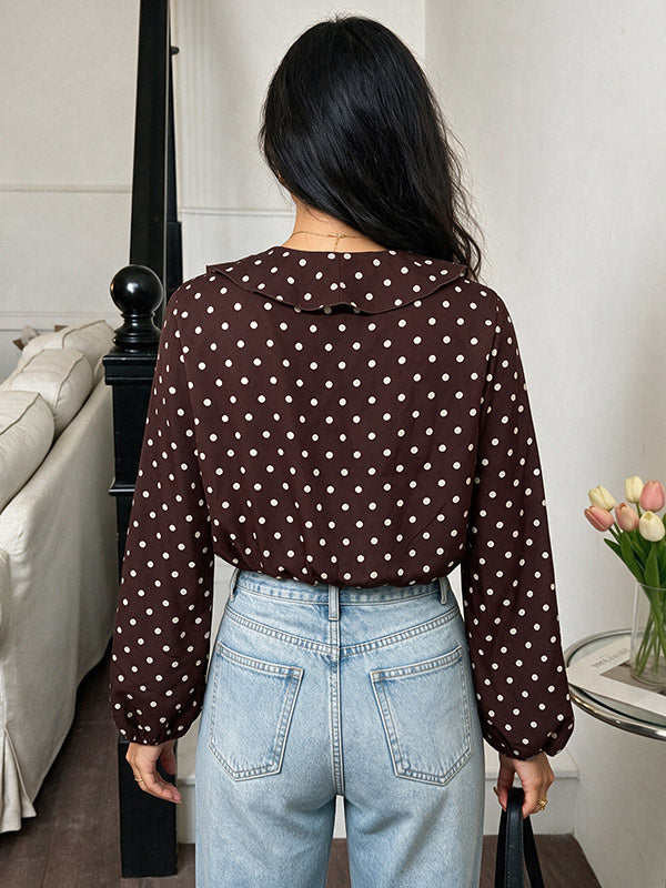 Brown Long-Sleeve V-Neck Ruffle Bodysuit — view 2