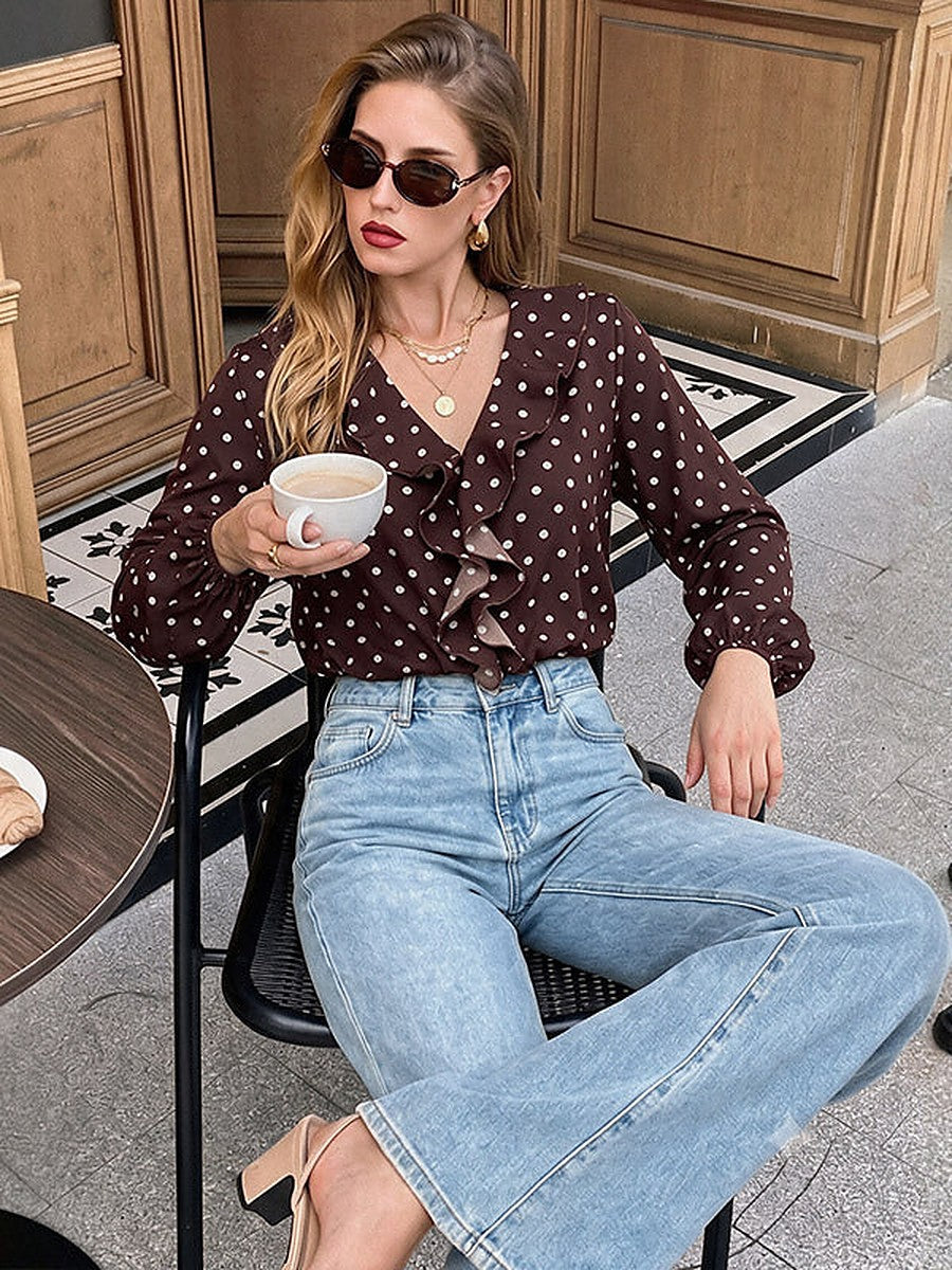 Brown Long-Sleeve V-Neck Ruffle Bodysuit — view 1