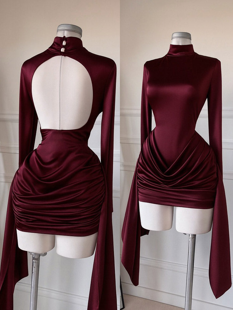 Red Long-Sleeve Ruched Satin Mini Dress — view 3