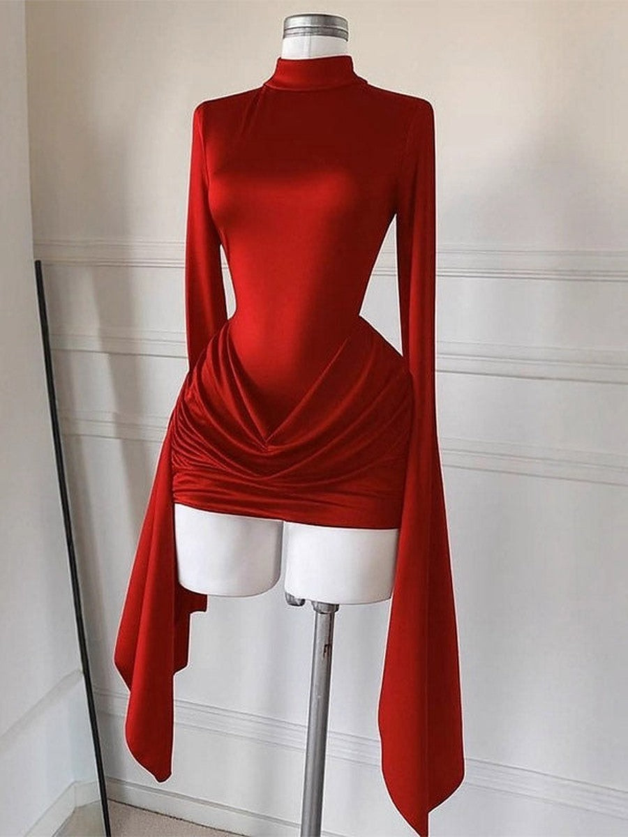 Red Long-Sleeve Ruched Satin Mini Dress — view 1