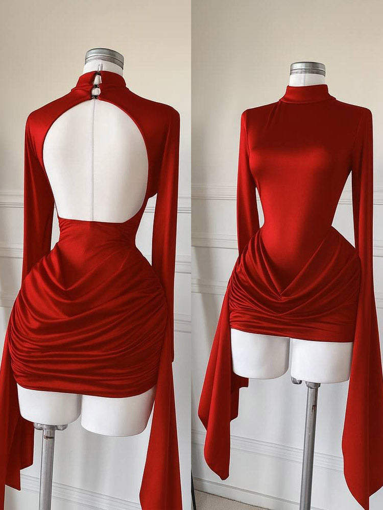 Red Long-Sleeve Ruched Satin Mini Dress — view 2
