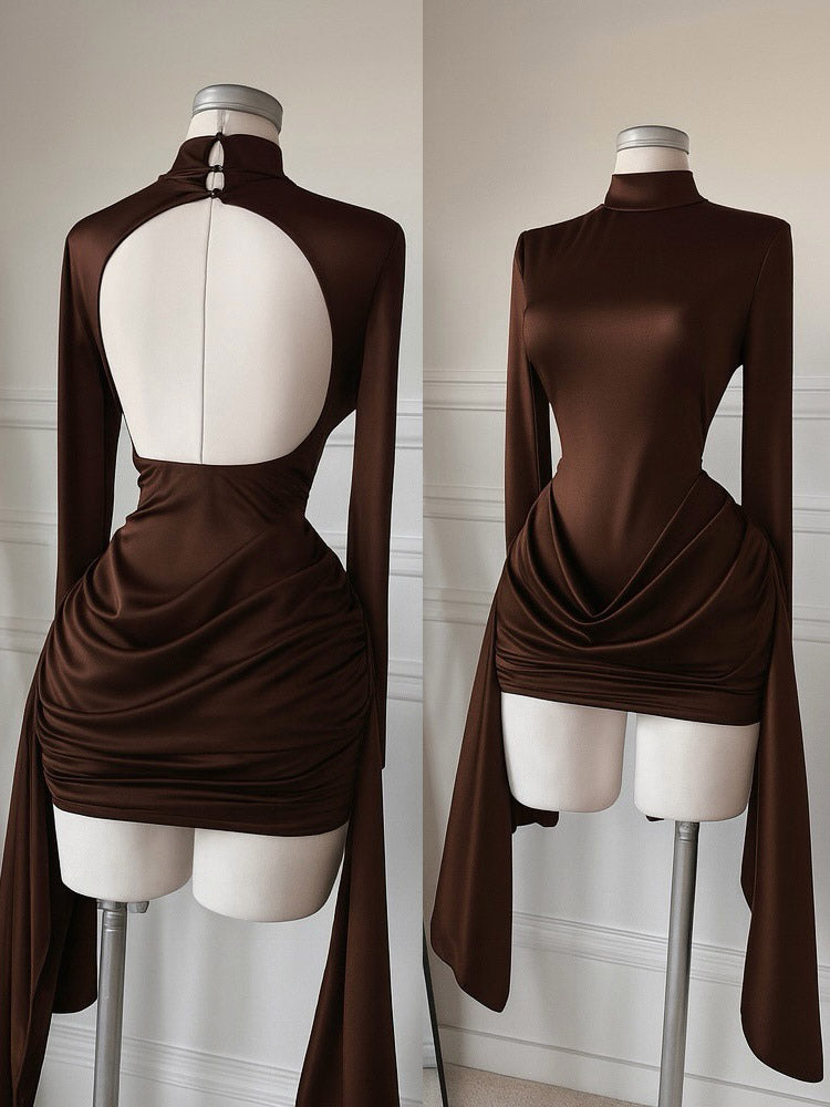 Red Long-Sleeve Ruched Satin Mini Dress — view 4