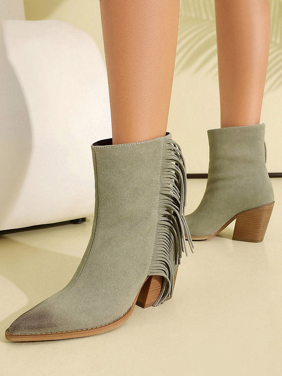 Brown Pointed-Toe Block Heel Suede-Effect Ankle Boots — view 1
