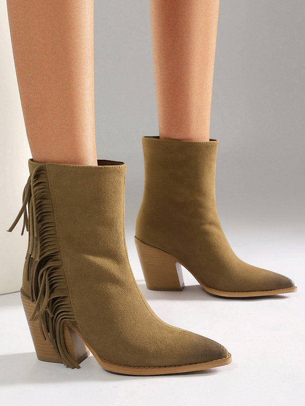 brown pointed toe block heel suede effect ankle boots — view 4