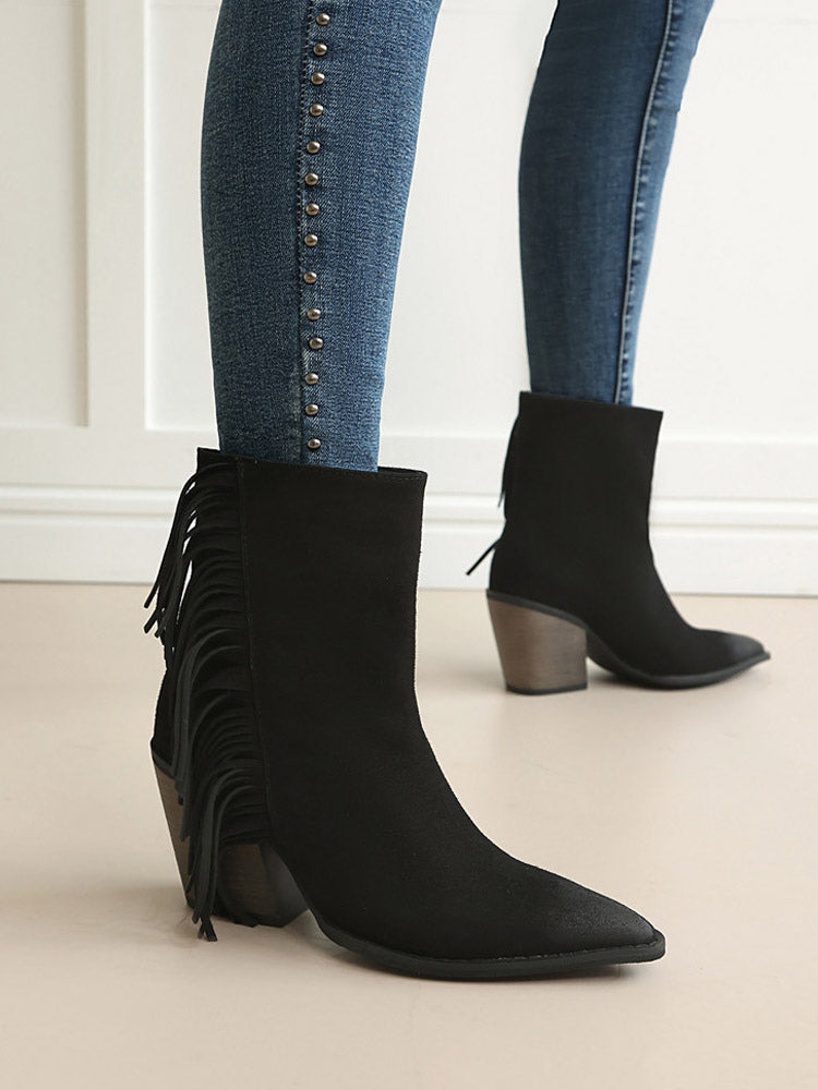 brown pointed toe block heel suede effect ankle boots — view 7