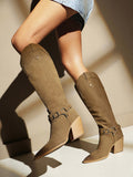 Brown Pointed-Toe Block Heel Buckle Knee-High Boots — view 1