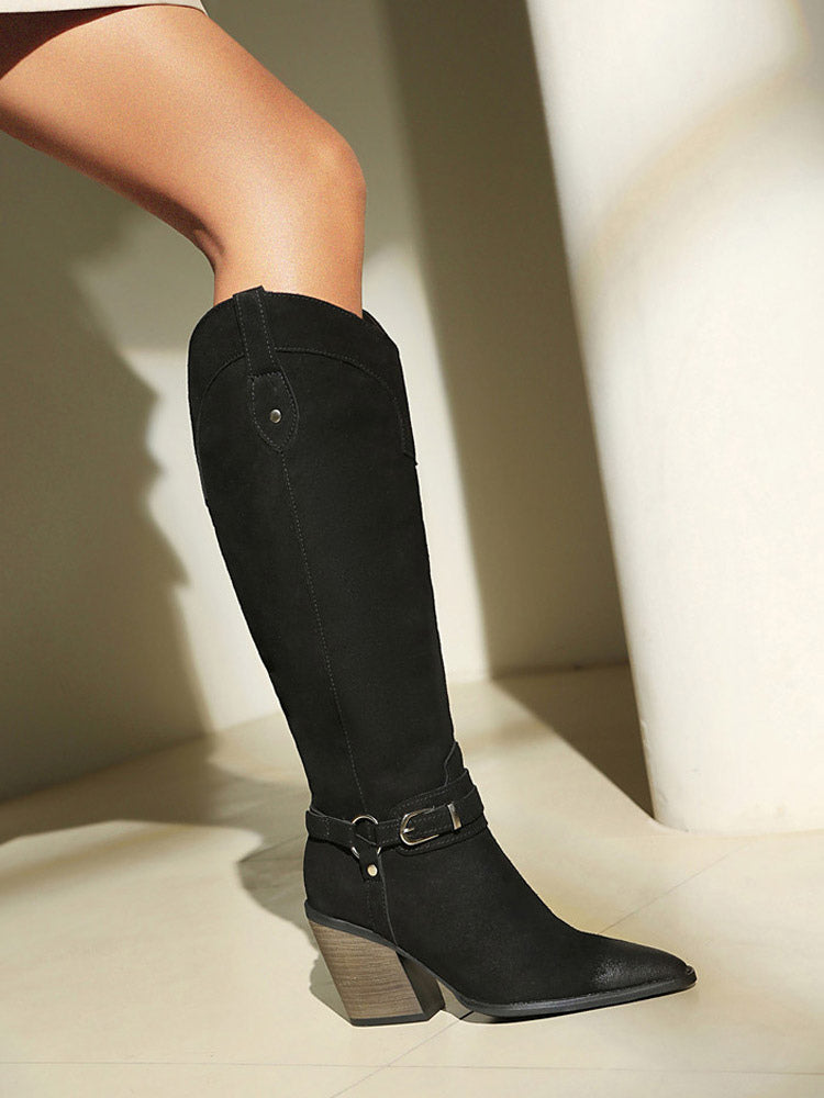 brown pointed toe block heel buckle knee high boots — view 9