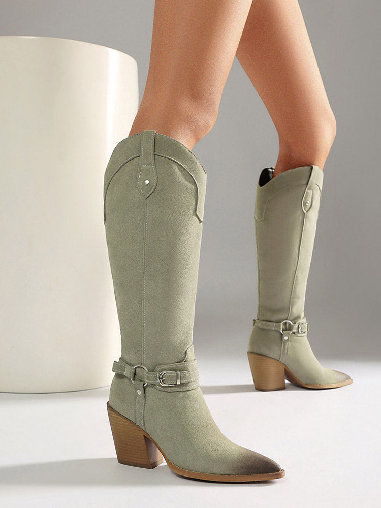 brown pointed toe block heel buckle knee high boots — view 4