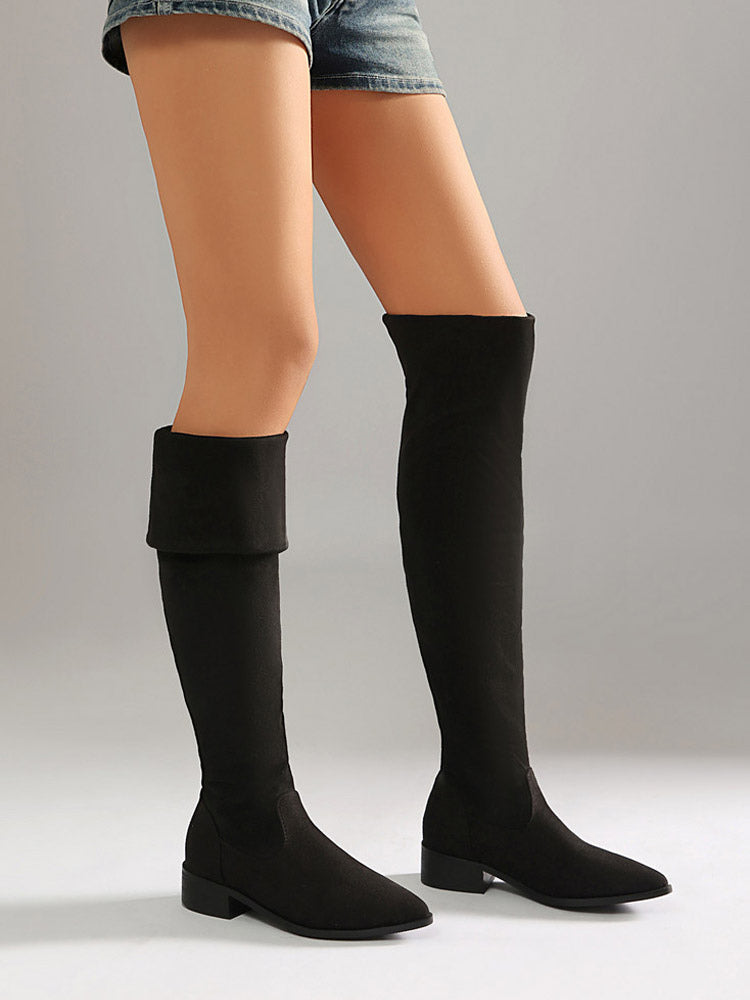 Black Pointed-Toe Suede-Effect Over-The-Knee Boots — view 7