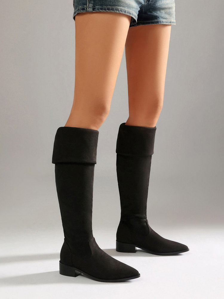 Black Pointed-Toe Suede-Effect Over-The-Knee Boots — view 6