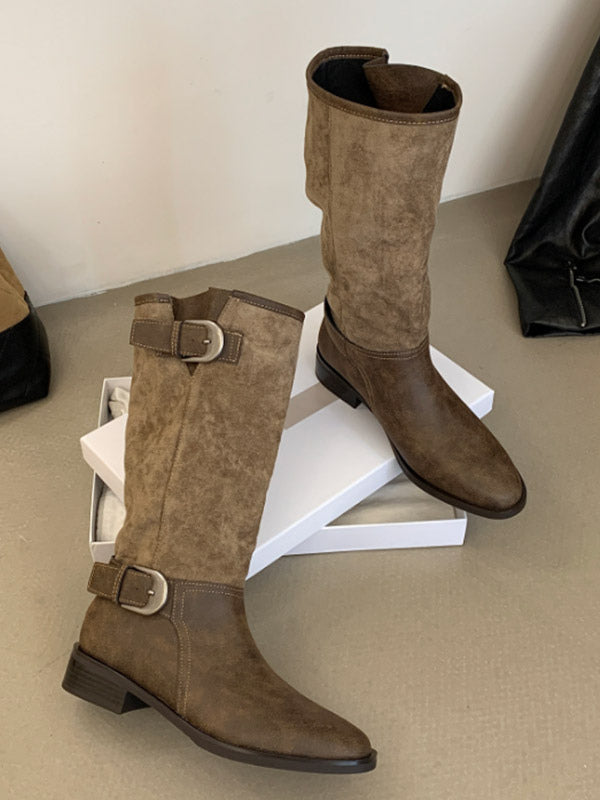 Olive Round-Toe Buckle Knee-High Boots — view 3