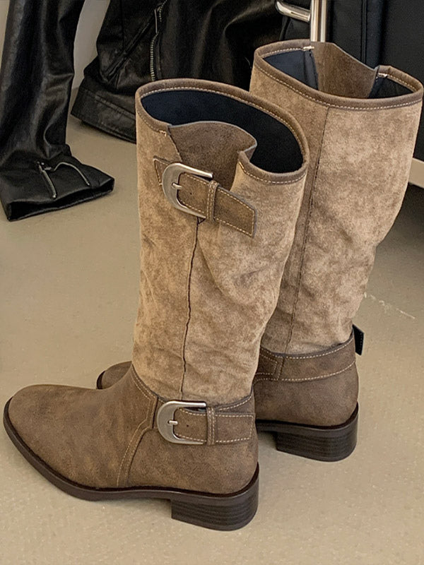 Olive Round-Toe Buckle Knee-High Boots — view 2
