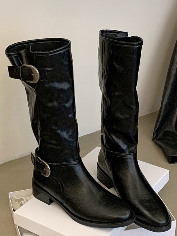 Olive Round-Toe Buckle Knee-High Boots — view 5