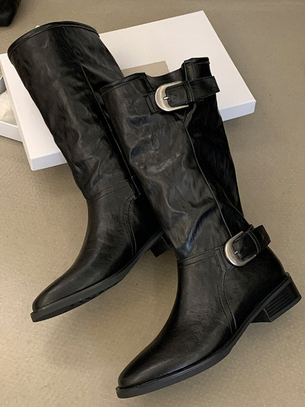 Olive Round-Toe Buckle Knee-High Boots — view 6