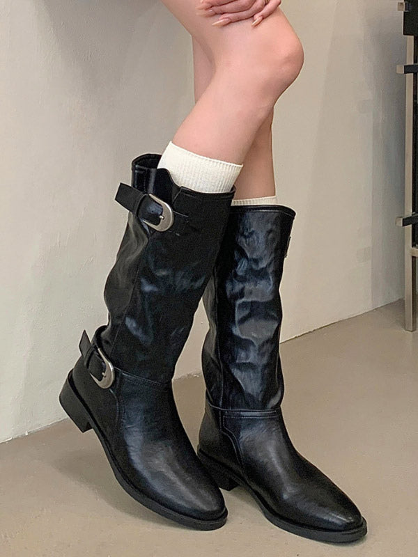 Olive Round-Toe Buckle Knee-High Boots — view 7