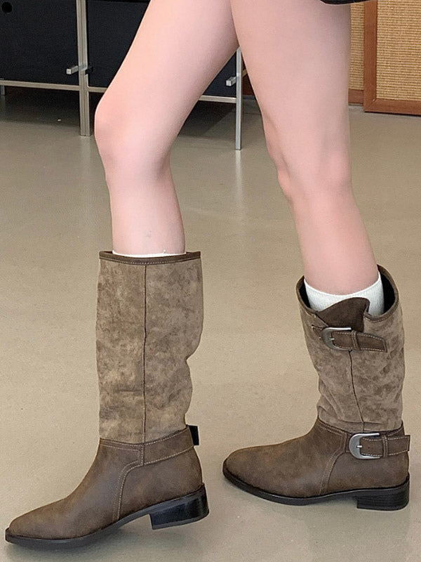 Olive Round-Toe Buckle Knee-High Boots — view 4
