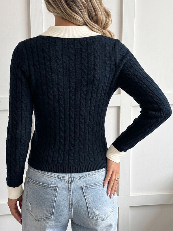 Navy Long-Sleeve V-Neck Cropped Two-Piece Set — view 2