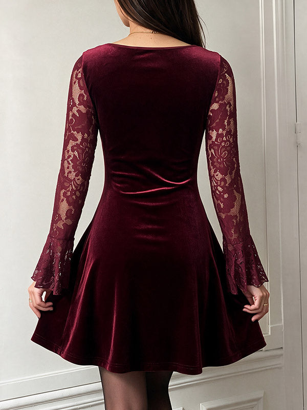 Burgundy Long-Sleeve Sweetheart Lace Mini Dress — view 2