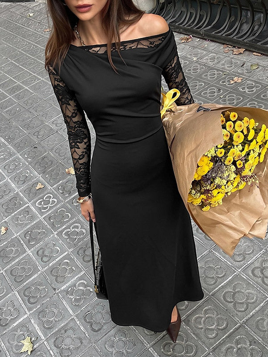 Black Long-Sleeve Off-Shoulder Side Split Maxi Dress — view 1