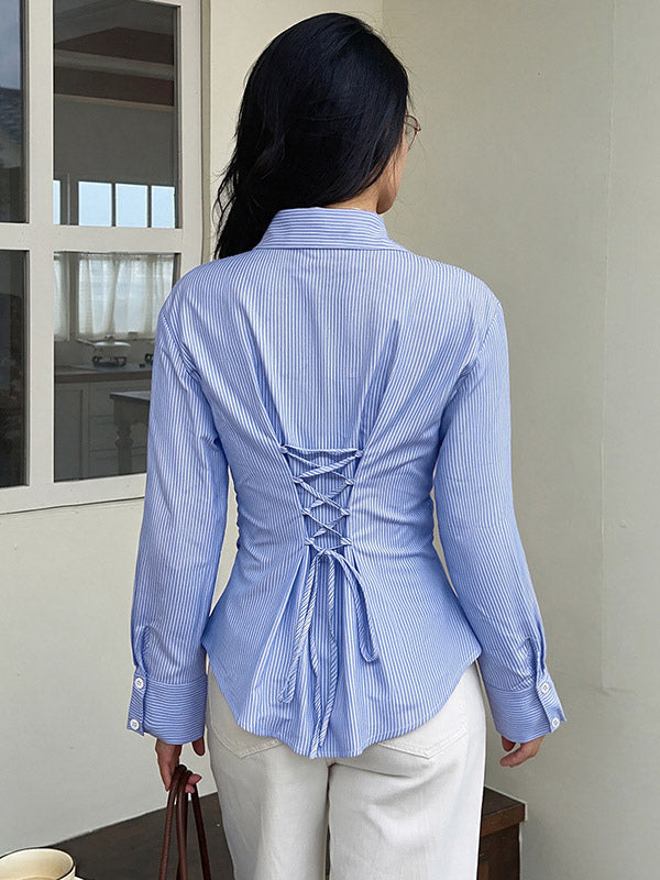 Blue Lace-Up Long-Sleeve Fitted Blouse — view 2
