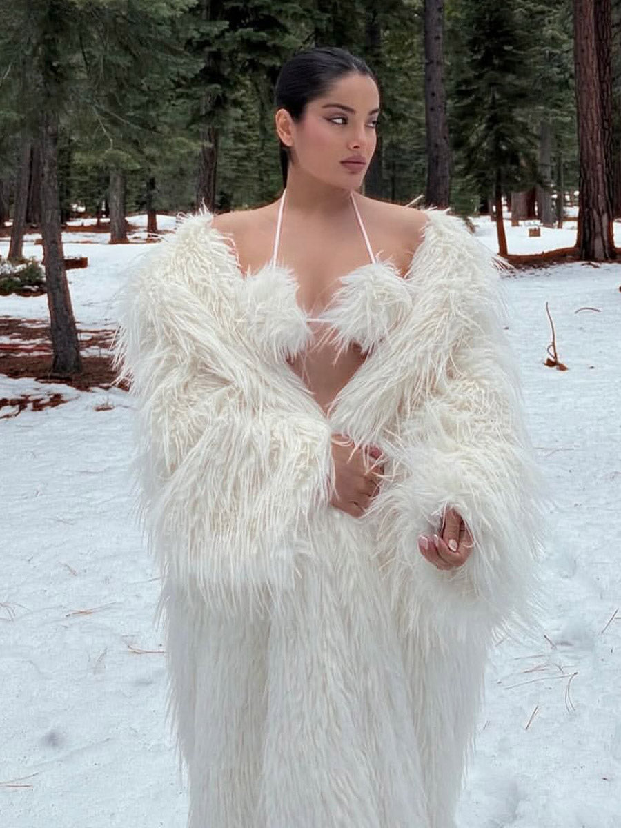 White Faux Fur Longline Coat — view 2