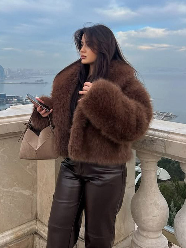 brown long sleeve faux fur coat — view 5