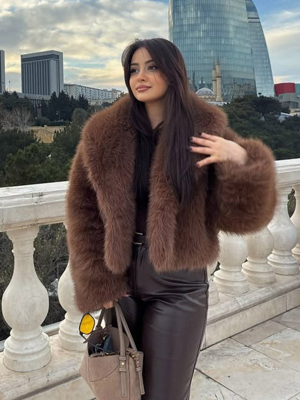 Brown Long-Sleeve Faux Fur Coat — view 4