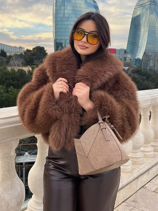 brown long sleeve faux fur coat — view 3