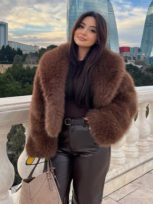brown long sleeve faux fur coat — view 2