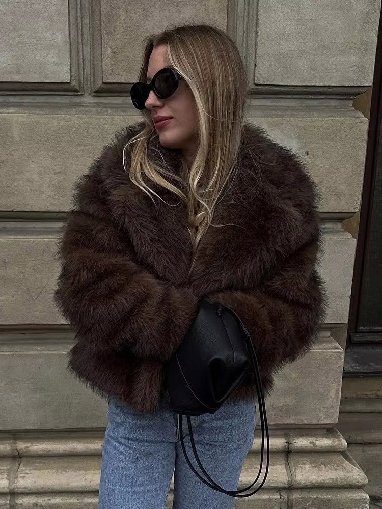 Brownish Black Long-Sleeve Cropped Faux Fur Coat — view 3
