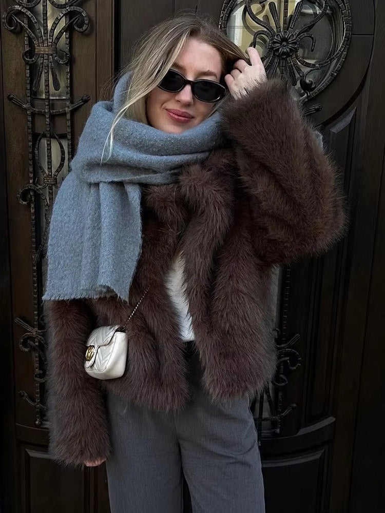 Brownish Black Long-Sleeve Cropped Faux Fur Coat — view 2