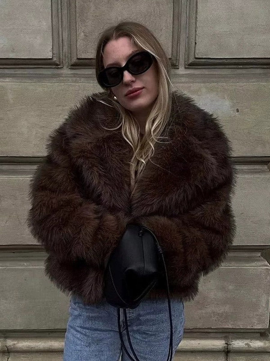 Brownish Black Long-Sleeve Cropped Faux Fur Coat — view 1