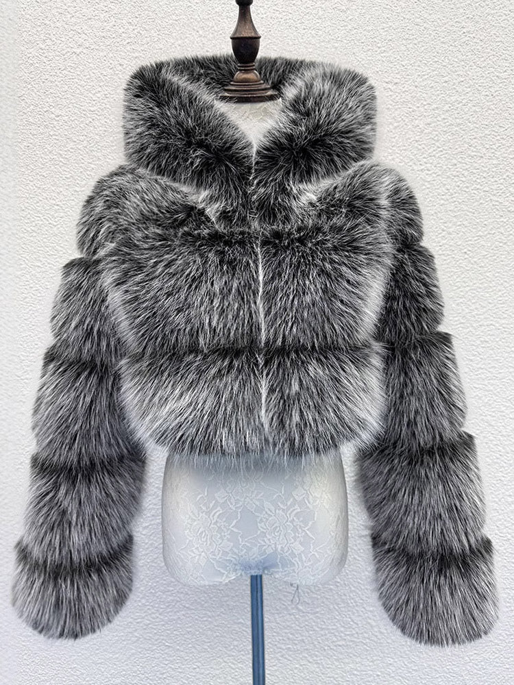 Transparent Long-Sleeve Cropped Hooded Faux Fur Coat — view 11