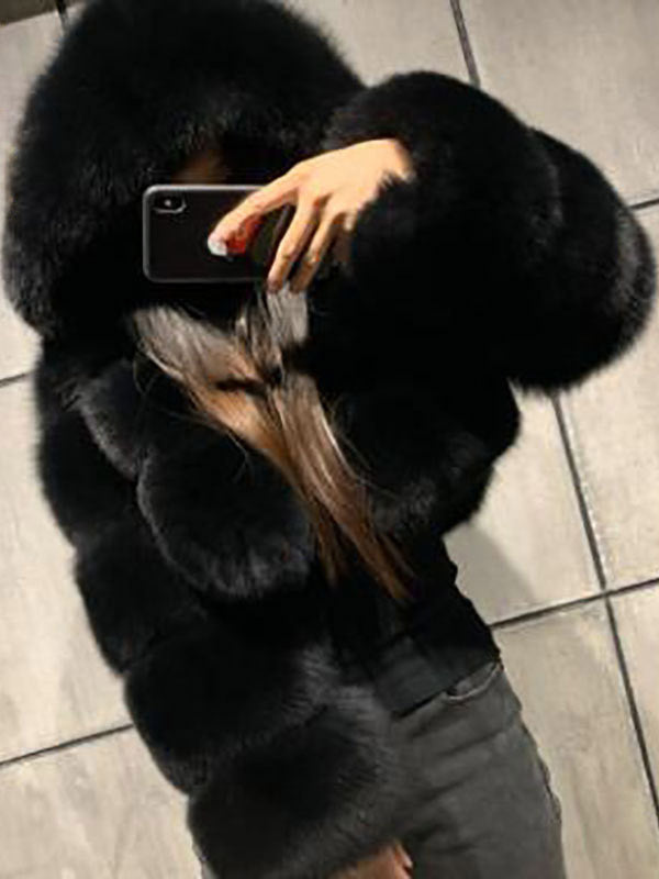 Transparent Long-Sleeve Cropped Hooded Faux Fur Coat — view 2