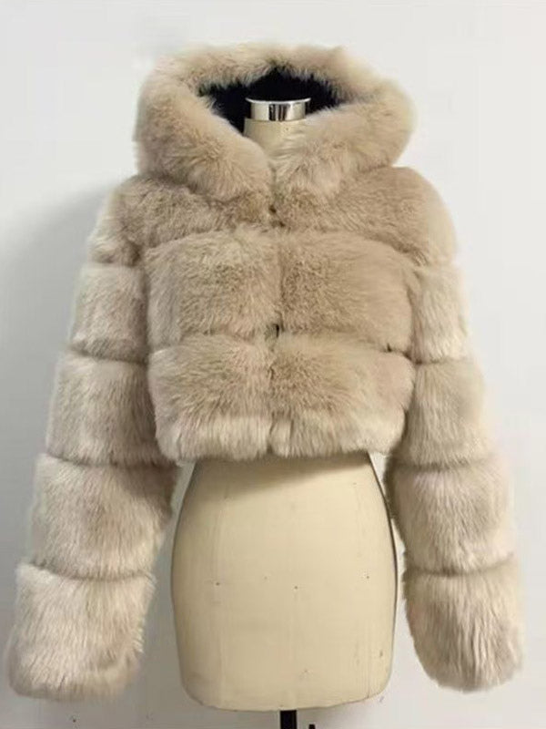 Transparent Long-Sleeve Cropped Hooded Faux Fur Coat — view 10