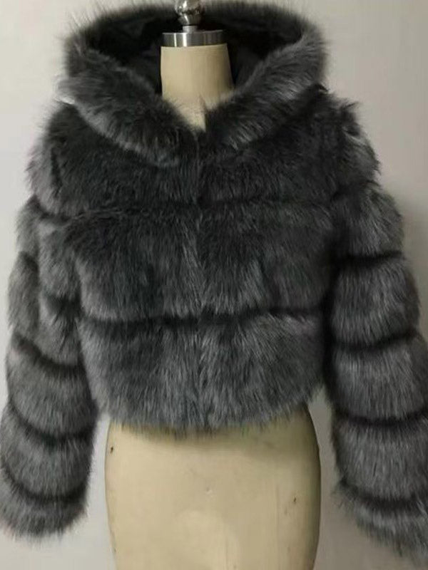 Transparent Long-Sleeve Cropped Hooded Faux Fur Coat — view 14